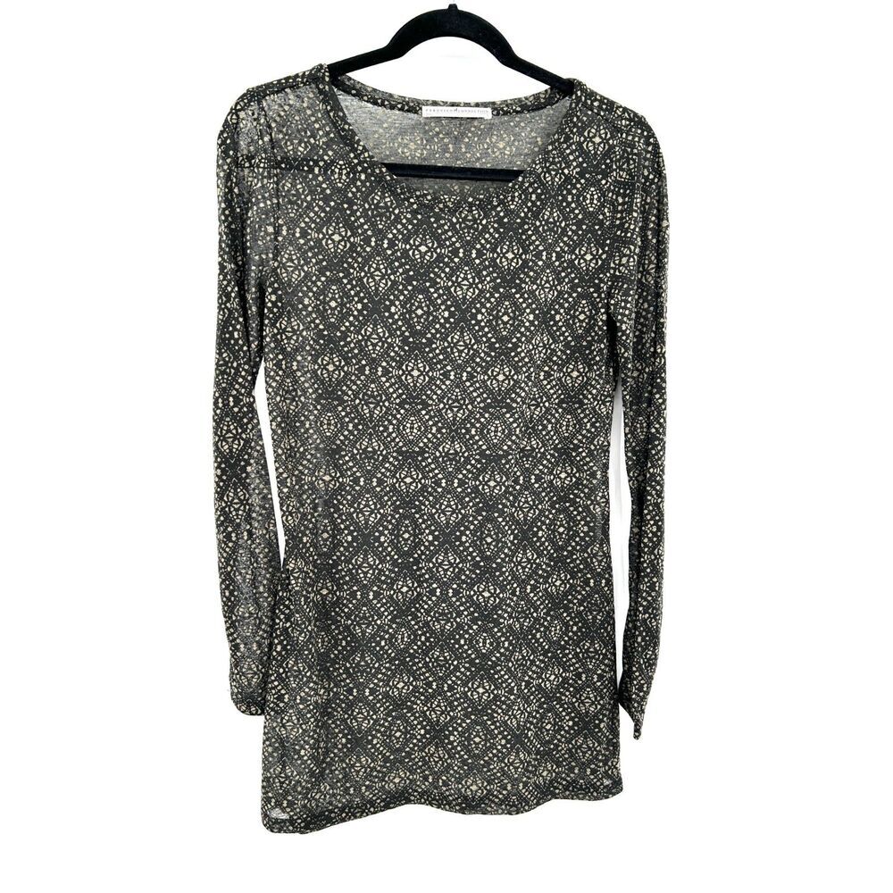 PERUVIAN CONNECTION Black Brown Sheer Long Sleeve Tunic Dress Top Size Small